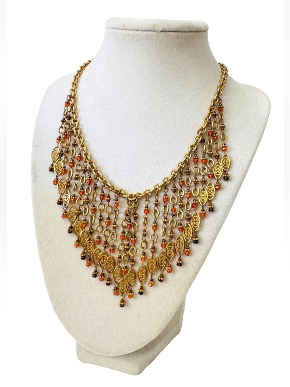 RACHEL REINHARDT Gold Tone Orange Burgundy Beads FRINGE Statement Necklace 18.5”